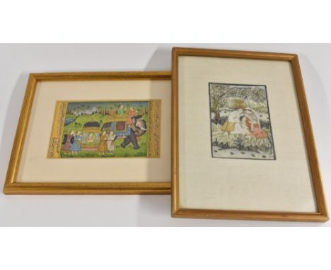 Indian School, a manuscript page, a procession of Mughal dignitaries, script to margins, watercolour and gouache, 9cm x 14.5c