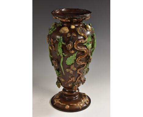 A 19th century French Revivalist baluster vase, in the manner of Bernard Palissy, typically moulded and applied with reptiles