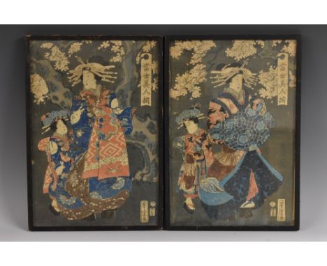 Japanese School (early Meiji period), a pair, A Geisha and Her Attendant, tabards of script, signatures and seal marks to mar