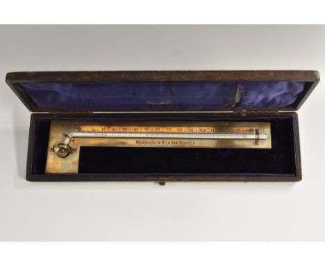 A late 19th century brass horizontal minimum thermometer, by Negretti &amp; Zambra, London, engraved scale 0 to 130, L-shaped