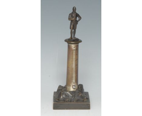 A 19th century dark patinated bronze desk thermometer, the pillar crested by a figure, rocky socle, square base, 21cm high, c