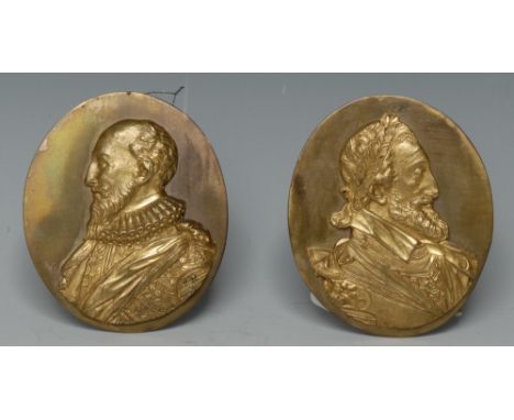 A pair of 19th century French gilt metal oval portrait plaques, of Henri IV of France and his premier minister Maximilien de 