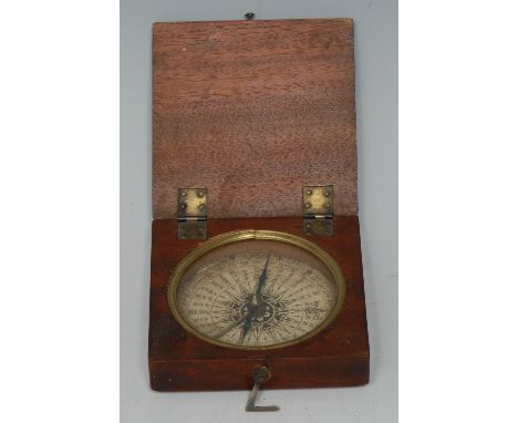 A 19th century mahogany travelling compass, 6cm dial, blued steel needle, hinged cover, 8cm wide