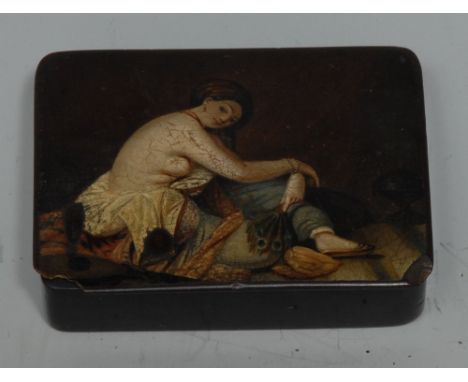 An early 19th century German papier-mâché rounded rectangular snuff box, in the manner of Stobwasser of Braunschweig, painted