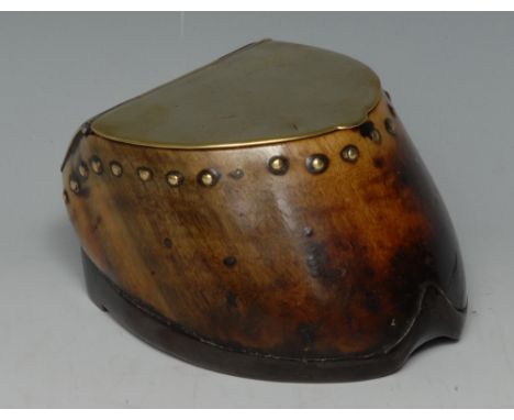 A 19th century brass mounted horse hoof table snuff box, hinged cover, 9.5cm wide, c.1880