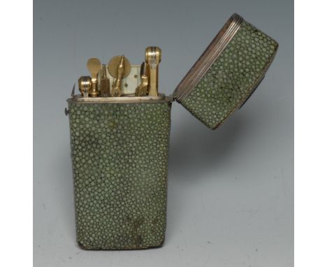 A George III silver-mounted shagreen tapered rounded rectangular draughtsman's etui, hinged cover enclosing an arrangement of