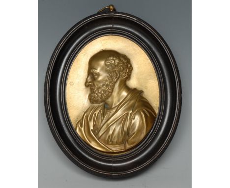 A 19th century gilt bronze oval portrait plaque, of a bearded elder, bust length, oval, 13cm x 10cm, fruitwood frame