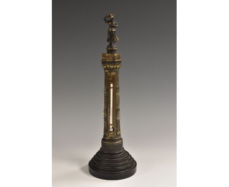 A 19th century desk thermometer, as a column, Fahrenheit scale, stepped circular ebonised base, 32cm high, c.1870