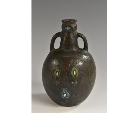 An Islamic brown patinated bronze and enamel ovoid vessel, decorated with stylized peacock feathers, twin lug handles, 13cm h