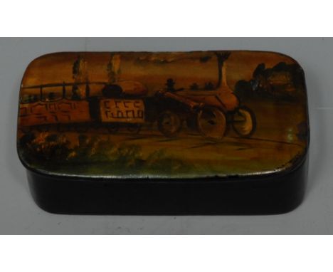 Railway Interest - a 19th century papier mache rounded rectangular snuff box, hinged cover painted with George Stephenson's R