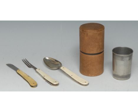 An early 20th century gentleman's 'Campaign' picnic set, comprising a beaker and folding knife, fork and spoon, cylindrical f