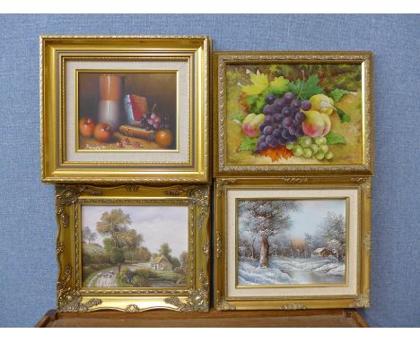 Two still lifes, three landscapes, oil on canvas, and various prints (15)
