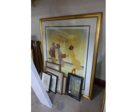 A small landscape oil, two etchings, a Jack Vettriano print and other prints