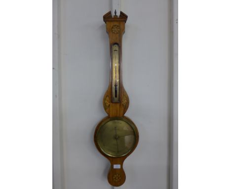 A George III inlaid mahogany banjo barometer, the brass dial signed P. Famechio, Chester