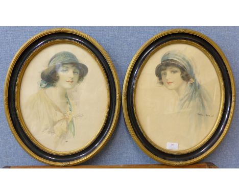 A pair of Art Deco prints, portraits of ladies, framed
