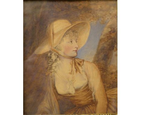 English School (early 20th Century), portrait of a lady, watercolour, 15 x 13cms and an over painted print of an Elizabethan 