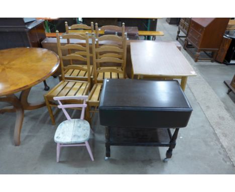 A set of four Ercol chairs, Formica topped table, trolley and child's chair