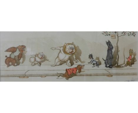 A pair of signed Boris O'Klein prints, Dirty Dogs, 16 x 44cms, framed