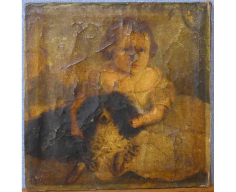 English School (early 19th Century), portrait of a child and dog, oil on canvas,40 x 40cms, unframed