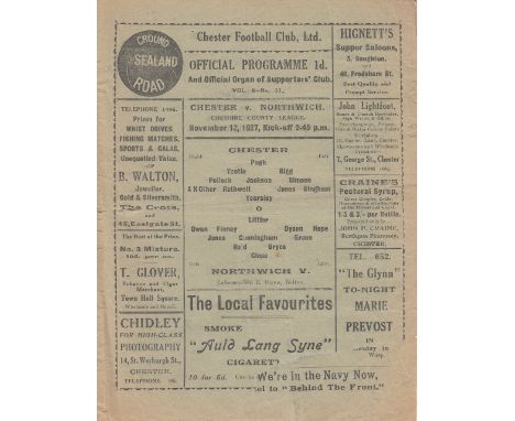 CHESTER - NORTHWICH   1927    Chester FC home programme v Northwich Victoria, 12/11/1927, Cheshire League, first team game as