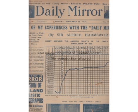 DAILY MIRROR 1904   Complete issue of Daily Mirror dated Monday September 12th 1904 with a full page covering the previous Sa