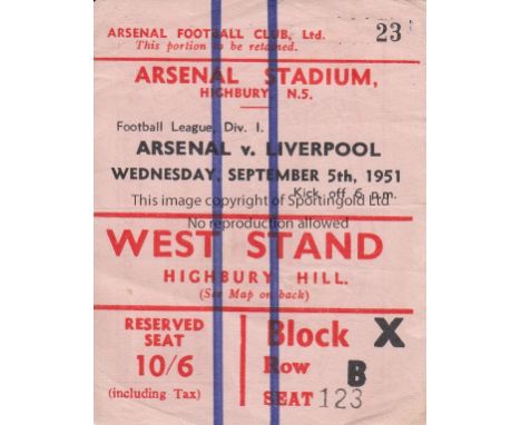 ARSENAL   Ticket Arsenal v Liverpool 5th September 1951.      Generally good