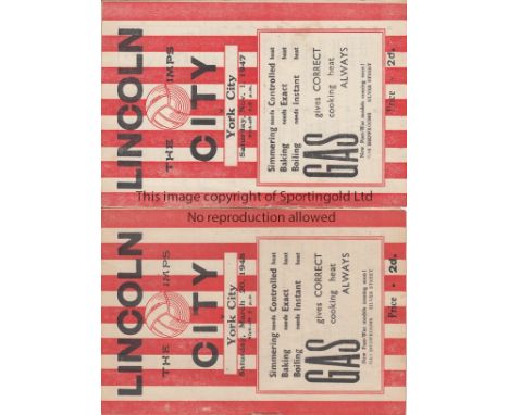 LINCOLN - YORK 47/8  Two Lincoln City home programmes v York City 47/8, first team 20/3/48 and reserves 1/11/47.  Generally g