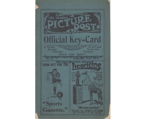 MIDDLESBROUGH - MAN UTD 1914    Official Key-Card programme for Middlesbrough v Manchester United, 21/2/1914, issued by the N