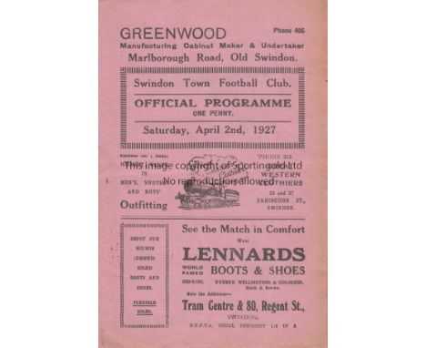 SWINDON - ABERDARE 1927   Swindon Town home programme v Aberdare, 2/4/1927. This was the final season in the Football League 