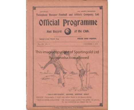 TOTTENHAM HOTSPUR V ARSENAL 1910      Programme for the First Division match at Tottenham 3/12/1910. Ex-binder with slight we