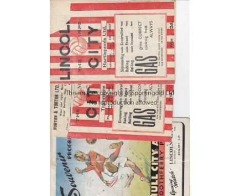LINCOLN DISTRESSED   Three programmes from 46/7 which all have faults, home games v Tranmere and Hartlepools which have piece