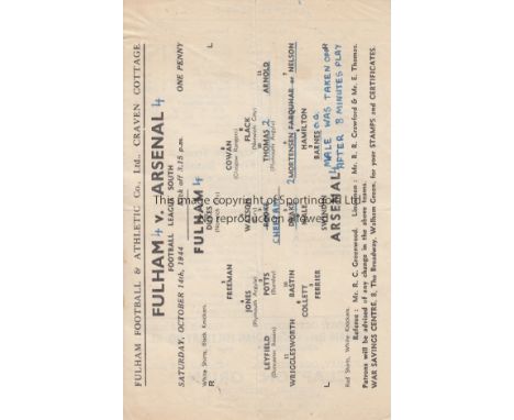 FULHAM / ARSENAL   Single sheet programme Fulham v Arsenal 14th October 1944. Score, scorers, half-times and team changes ins