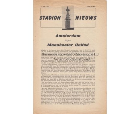 AMSTERDAM - MAN UTD 62   Programme , Amsterdam Select v Manchester United, 23/5/62, eight Ajax players in the Amsterdam team 
