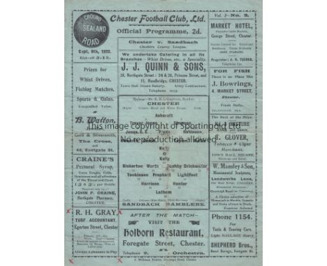 CHESTER FC 1922   Chester FC four page home programme v Sandbach Ramblers, 9/9/1922, Cheshire League, first team game for Che