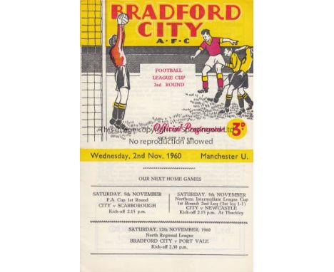 BRADFORD CITY- MAN UTD 60   Bradford City home programme v Manchester United, 2/11/60, first season Football League Cup and a