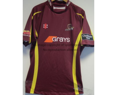 ANDREW HALL - NORTHANTS     Northants maroon one day shirt, Northamptonshire Steelbacks, short sleeved playing shirt, sponsor