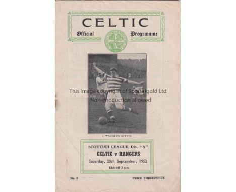 CELTIC - RANGERS 52    Celtic home programme v Rangers "A", 20/9/52, score, scorers noted, staple rusting.   Fair-generally g