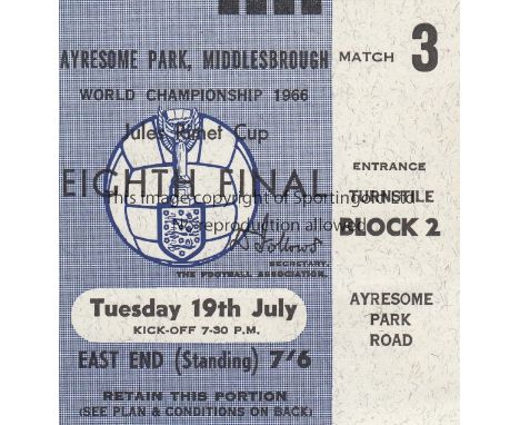 WORLD CUP 66 - AYRESOME   Ticket, 19/7/66, North Korea 1-0 Italy at Ayresome Park.  Good