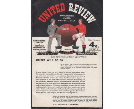 MAN UTD - SHEF WED 58 CUP   Manchester United home programme v Sheffield Wednesday, 19/2/58, FA Cup, first game played by Uni