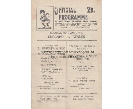 RUGBY LEAGUE 1945   Official programme, England v Wales at Wigan, 10/3/45, four page Wigan programme, slight folds.  Generall