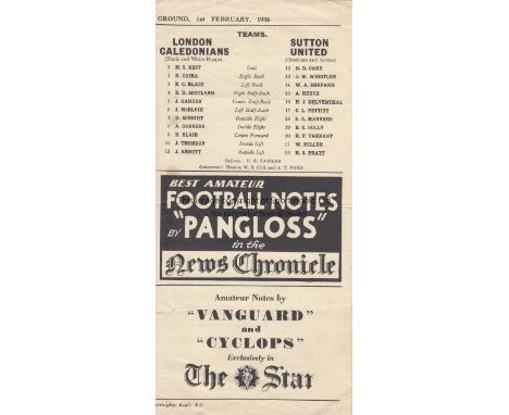 LONDON CALEDONIANS- SUTTON 1936   Four page London Caledonians home programme v Sutton United, 1/2/1936, Amateur Cup, fold, m