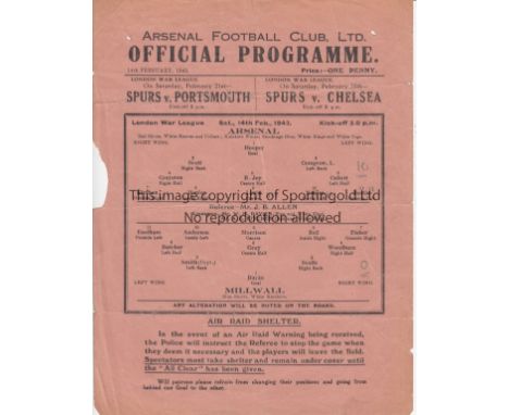 ARSENAL V MILLWALL 1942      Single sheet programme for the London War League Arsenal home match 14/2/1942, creased, minor te