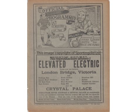 MILLWALL - BROMLEY 1915   Millwall Reserves home programme v Bromley, 27/2/1915, friendly, eight page ex bound volume friendl