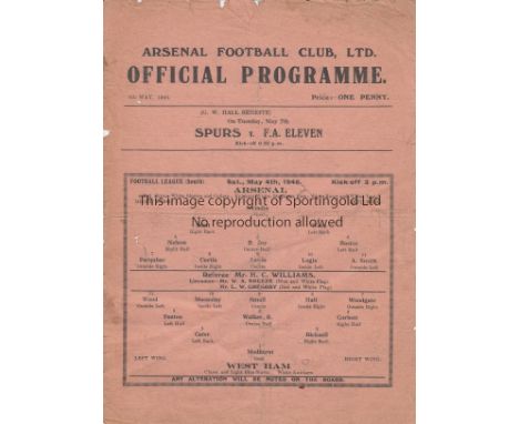 ARSENAL V WEST HAM UTD. 1946     Single sheet programme for the FL South home match for Arsenal 4/5/1946. Creased, won and mi