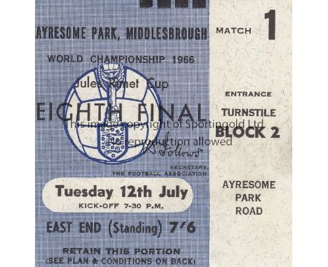 WORLD CUP 66 - AYRESOME   Ticket, 12/7/66, Soviet Union 3-0 North Korea at Ayresome Park.  Generally good