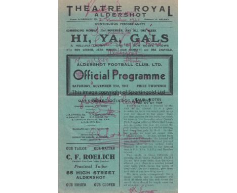 ALDERSHOT V ARSENAL 1942 Single sheet home programme FL South match 21/11/1942, folded, slightly worn at folds, writing in re