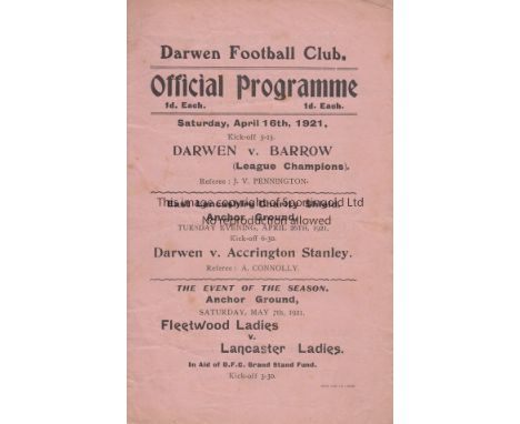 DARWEN - BARROW 1921  Darwen home programme v Barrow, 16/4/1921, Lancashire Combination, Barrow were Champions in this their 