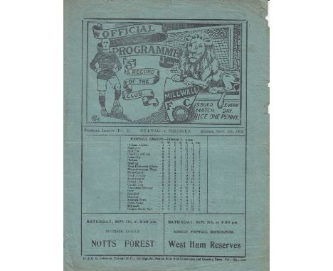 MILLWALL - BRADFORD PA 1929   Millwall home programme v Bradford Park Avenue, Monday 16/9/1929, folds, tears to outside edge.
