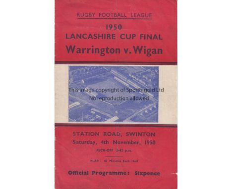 RUGBY LEAGUE / 1950 LANCS. CUP FINAL       Programme for Warrington v Wigan at Swinton 4/11/1950, slightly creased and back p