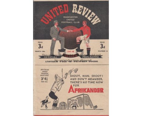 MAN UTD - WOLVES 47-8  Manchester United home programme v Wolves, 20/3/48, slight fold, staples removed, slight spine repairs